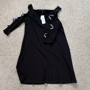 Chic One Shoulder Black Dress with Silver Detailing